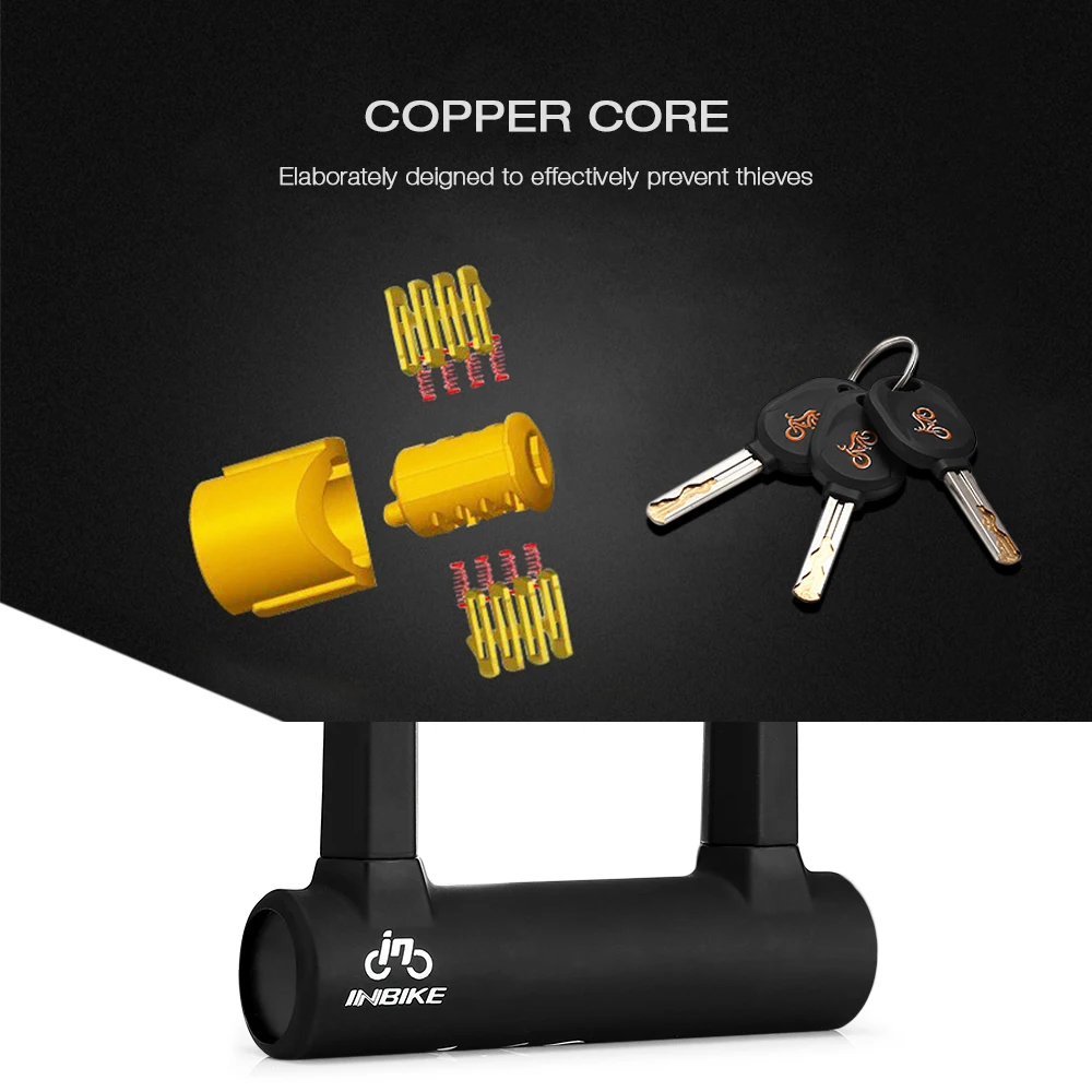 INBIKE Bicycle U-lock Strong Steel Rubber Coat Copper 3 Keys Bike Mounting Bracket INBIKE Bicycle U-lock Strong Steel Rubber Coat Copper 3 Keys Bike Mounting Bracket