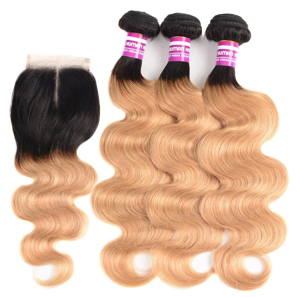 

Colored Ombre T1b 27 Body Bundles With Closure Roots Remy Human Hair Extension 3/4 Blonde Brazilian Hair Weave Bundles Deals