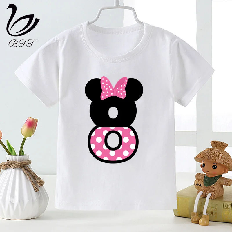 Розовая модная забавная футболка с рисунком мышки из мультфильма «День рождения» и цифрой 1-9 детские летние топы с круглым вырезом, футболки для мальчиков и девочек - Цвет: H