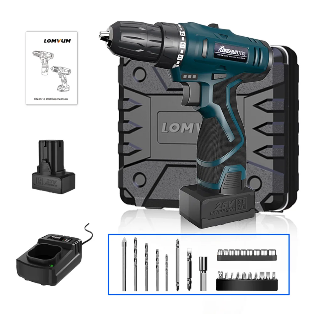 

LOMVUM 2 Speed Electric Drill WaterProof Rechargeable Electric Screwdriver Multifunction Power Tools Mini Cordless Drill