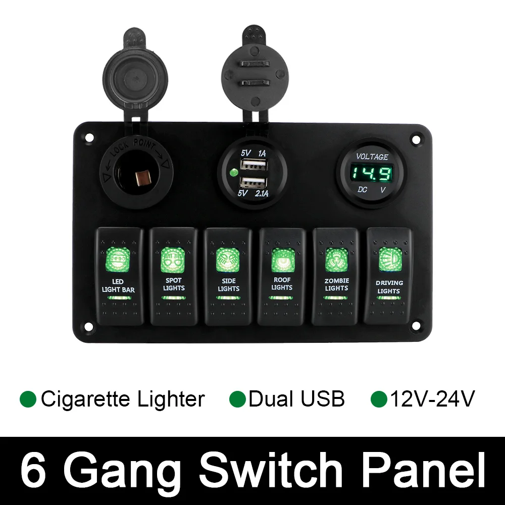 

Dual USB Ports 6 Gang Rocker Switch Panel DC 12V/24V ON/OFF Lights Waterproof LED Digital Voltmeter Car Marine Circuit Breaker