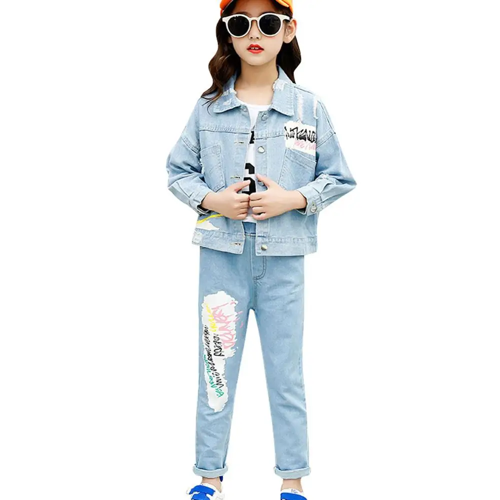 

Girls Embroidered Denim Suits Children's Fashion Letter Print Long Sleeve Jacket Jeans Set Spring Autumn Kids Clothes for Girls