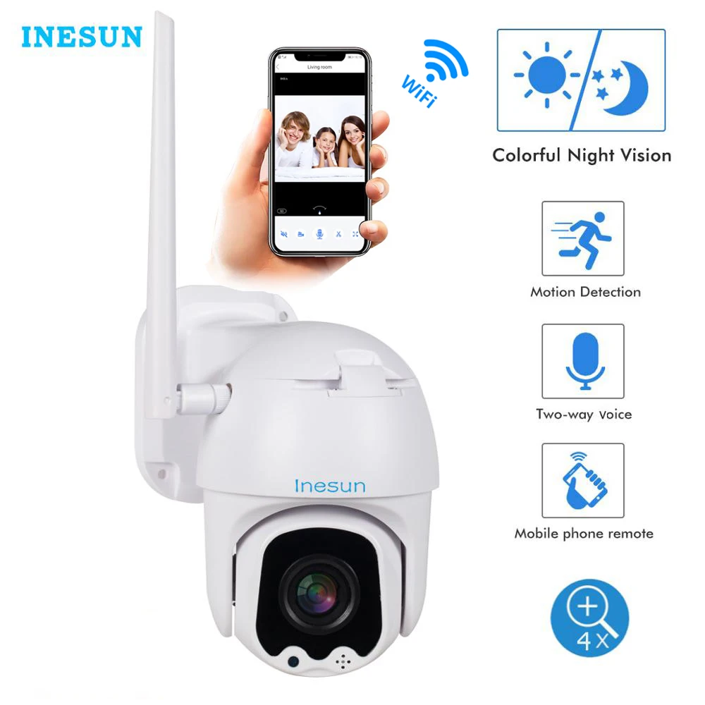 Inesun PTZ WiFi Camera Outdoor 2MP HD 1080P Security IP Camera WiFi 4X Zoom PTZ Camera Two Way Audio 165ft Night Vision Max 128G