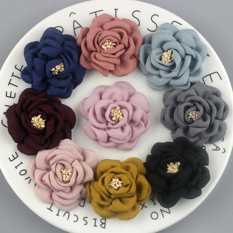 

20Pieces/Bag Size 6.5CM Handmade Burned Edge Camellia Flower Fabric Flowers Hand DIY Wedding Girl Hair Cloth Accessories
