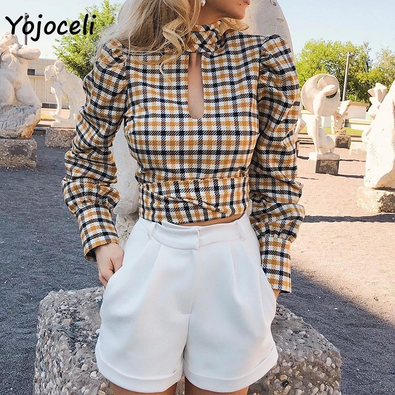 Женская рубашка с бантом Yojoceli Повседневная Уличная в клетку воротником стойкой и