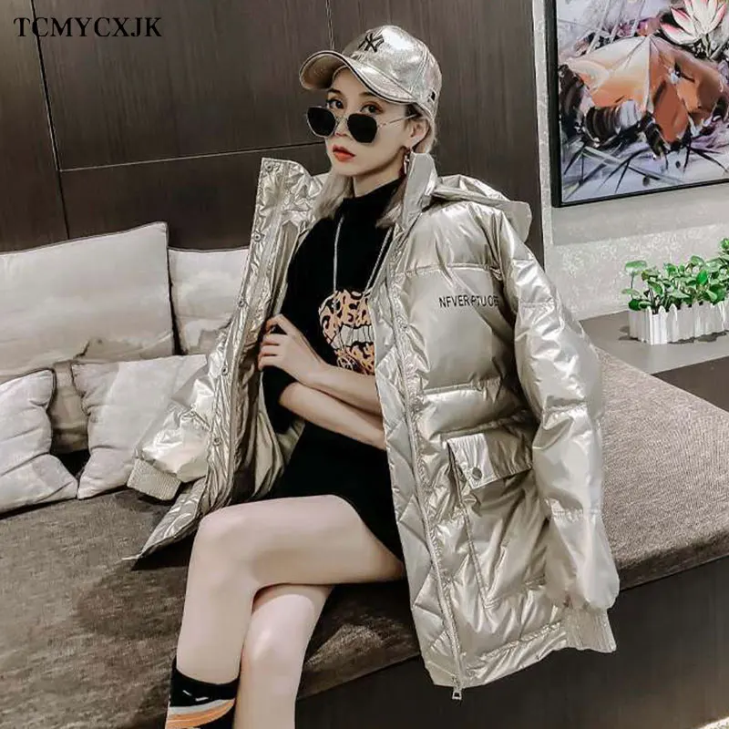 

Winter Face Down Cotton Womens Casual Letter Long-Sleeved Jacket Solid Color Mid-length Korean Version Thick Hooded Parker Coats