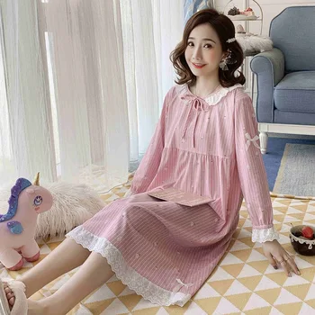 

2020 Spring New Model Nightdress Women's Spring Autumn Cotton Long-Sleeved Korean dress Cute Cartoon Dress Combed Cotton