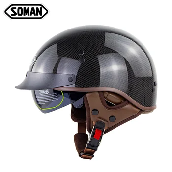 

Dot/GB Approved Helmets Soman Motorcycle Helmet SM202 Retro Carbon Fiber Half Face Classic casco capacete moto+Earmuffs