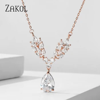 

ZAKOL Classic Leaf Drop Shape CZ Stone Cubic Zirconia Jewelry for Women Wedding Party Luxury Pendant Necklace FSNP2150