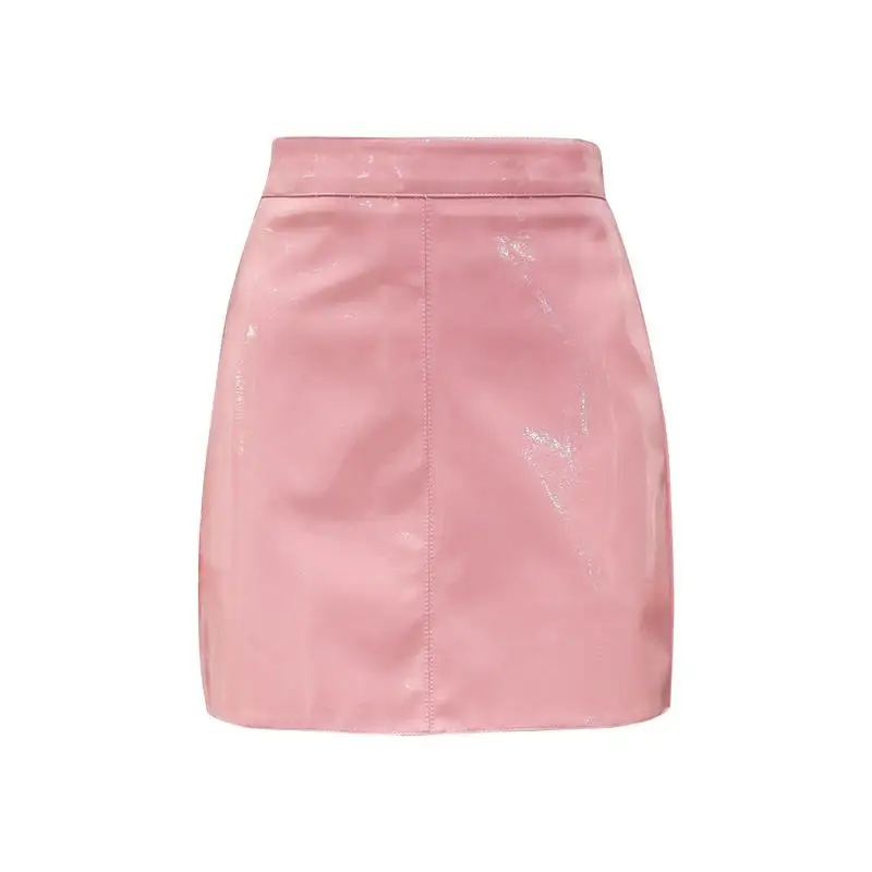 Black beige blue PU patent leather high street solid pencil mini empire short skirt