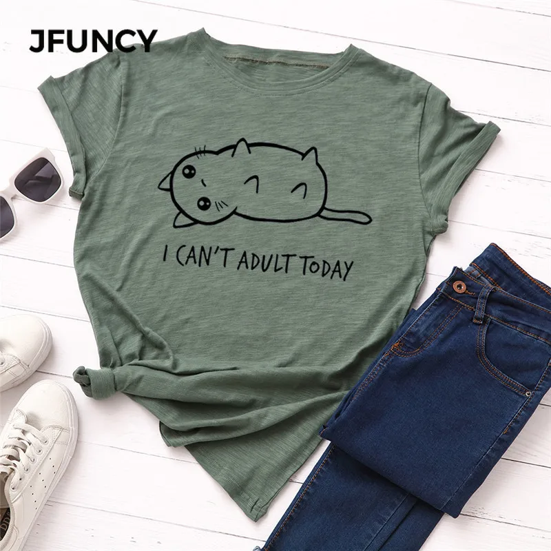 JFUNCY размера плюс S-5XL, милая женская футболка с буквенным принтом кошки, хлопок, круглый вырез, короткий рукав, летняя футболка, топы, Повседневная футболка