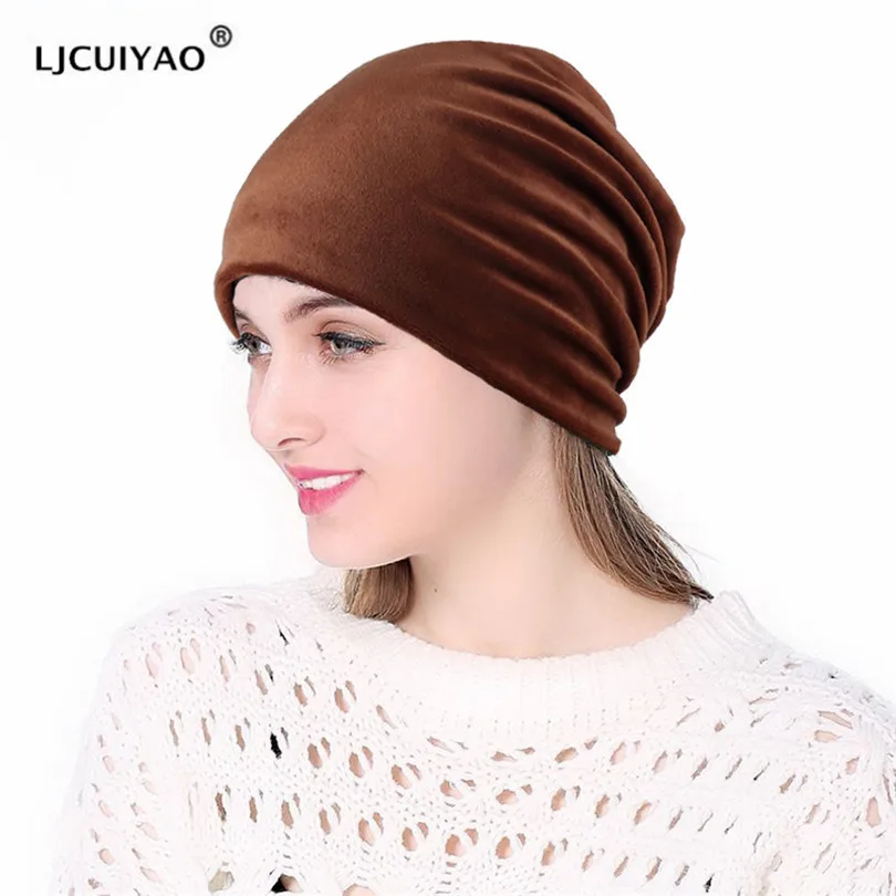 

LJCUIYAO Women's Velvet Beanie Hat Winter Warm Polyester Skullies Beanies For Ladies Solid Velour Bonnet Hats Dropping Shipping