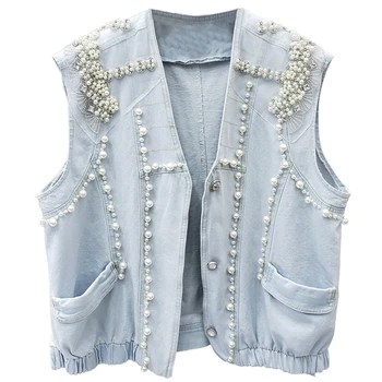

Spring 2020 women new sleeveless denim vest heavy beaded loose denim short jacket 2133