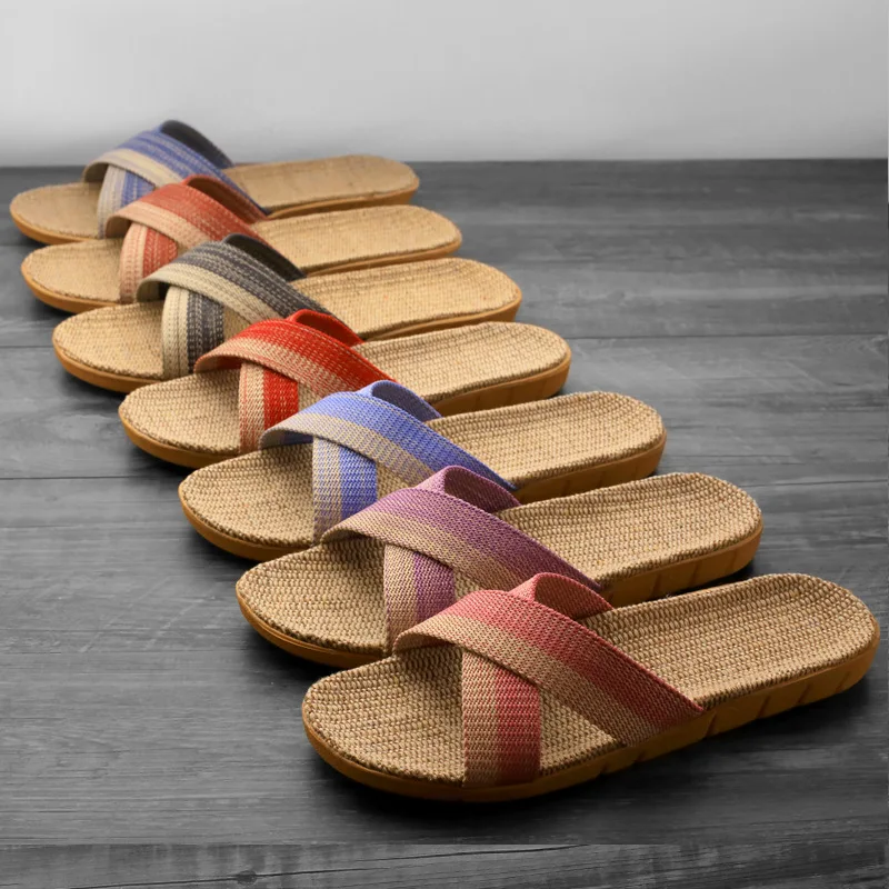 

Straw Flax Slippers Women Men Home Indoor Couple shoes Elegant Ladies Sandals chaussure femme Casual Plain Flip Flops