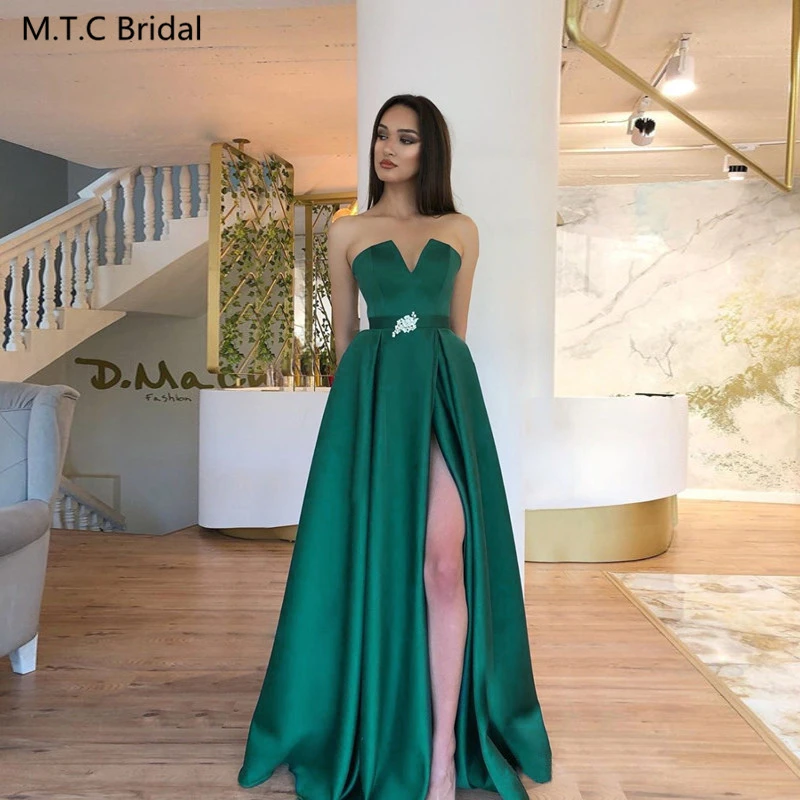 Vestidos formales largos de graduación para niñas, vestidos sexys verdes sin tirantes con abertura lateral, línea A, talla grande, para fiesta de boda|Vestidos de graduación| - AliExpress