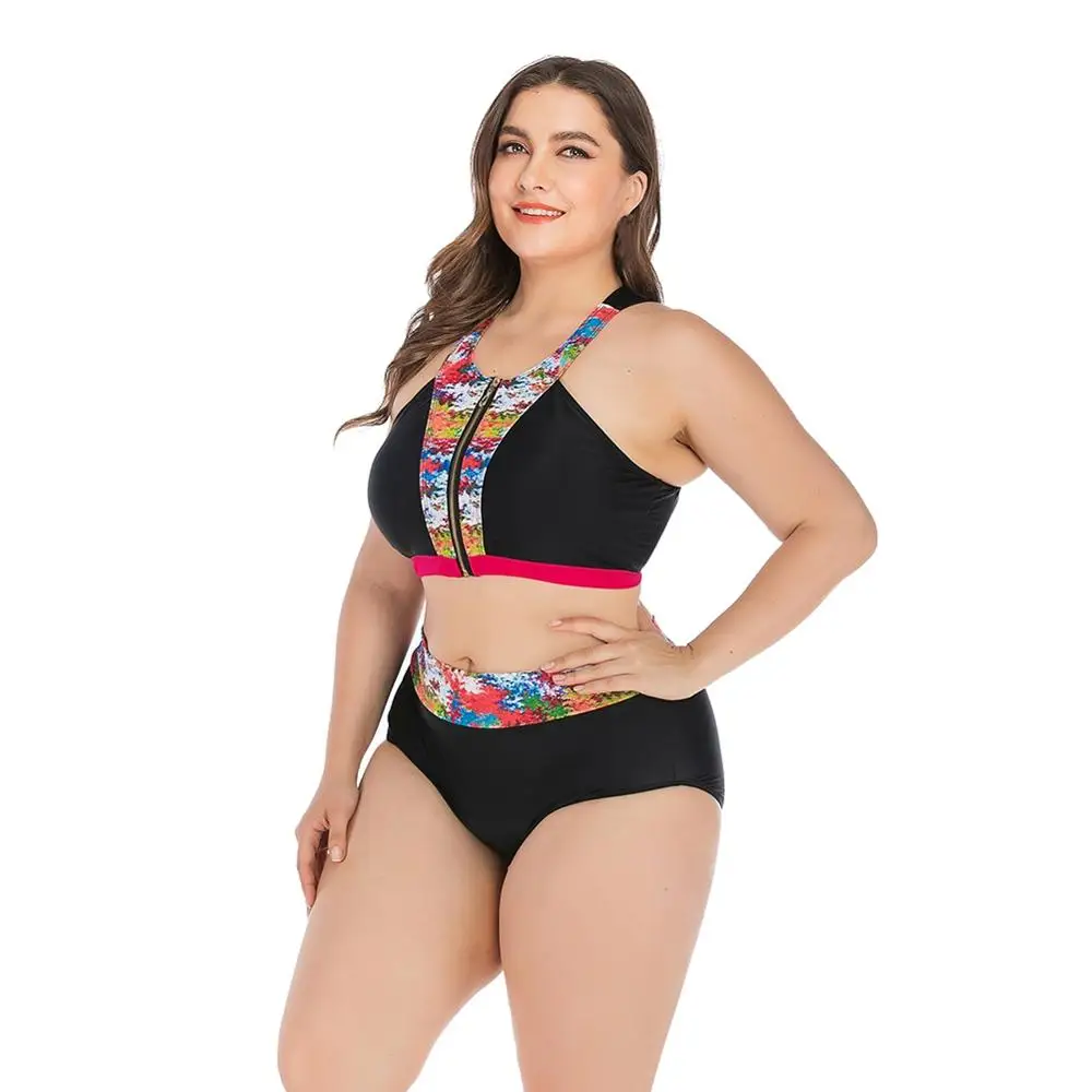  Women Tankini Patchwork Zipper High Waist Quick Drying Swimwear Bikini Top Bottom Lady Plus Size Sw