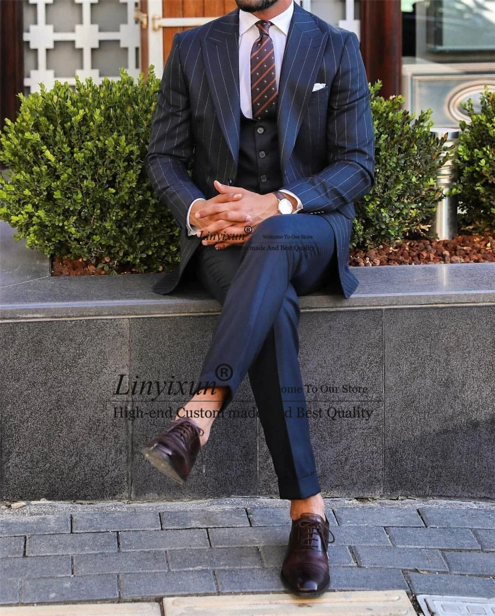 Fashion Stripe Mens Slim Suits 3 Piece Jacket Vest Pant Set Formal Business Blazer Masculino Wedding Groom Tuxedo Costume Homme 2