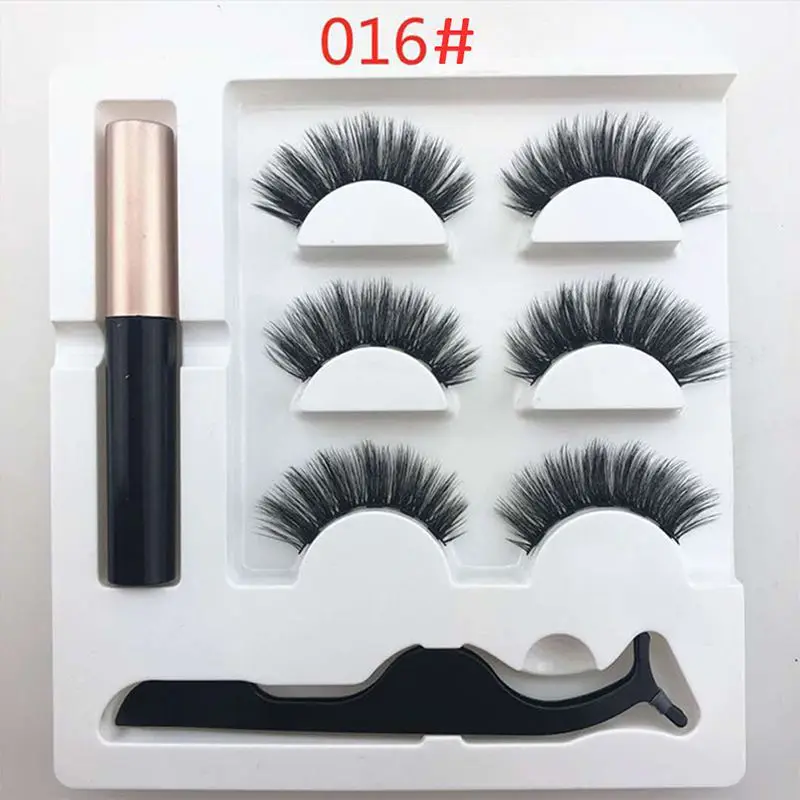 professional 3 Pairs False Eyelashes Set With Tweezer Makeup Kits Magnetic Eyeliner Liquid Thick And Curled Eyeashes - Color: A6