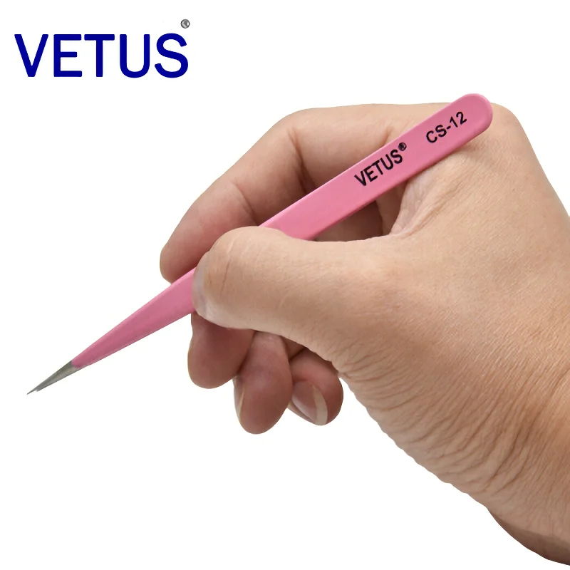 VETUS CS-12 Pink Tweezers Anti -acid Anti-alkali Corrosion-resistant ESD Anti-Static Pincers Eyelash Grafting Blooming Tool eyelash tweezers