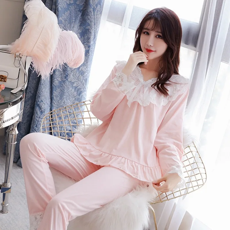 

Women Sleepwear Princess Style Pajamas Cute Sweet Long Sleeve Nightwear Lace Girl Pajamas Set Home Clothing
