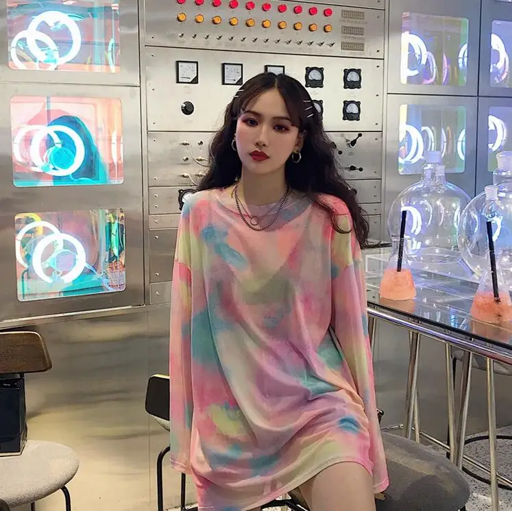 

Gradient loose perspective mesh long-sleeved T-shirt thin sun protection clothing