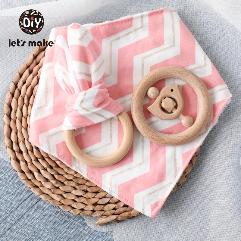 Let's Make Baby Bibs Drool Feeding 3pcs/set Cotton Bunny Ear Wooden Rattles For Newborns Baby Stuff For Newborns Educational Toy