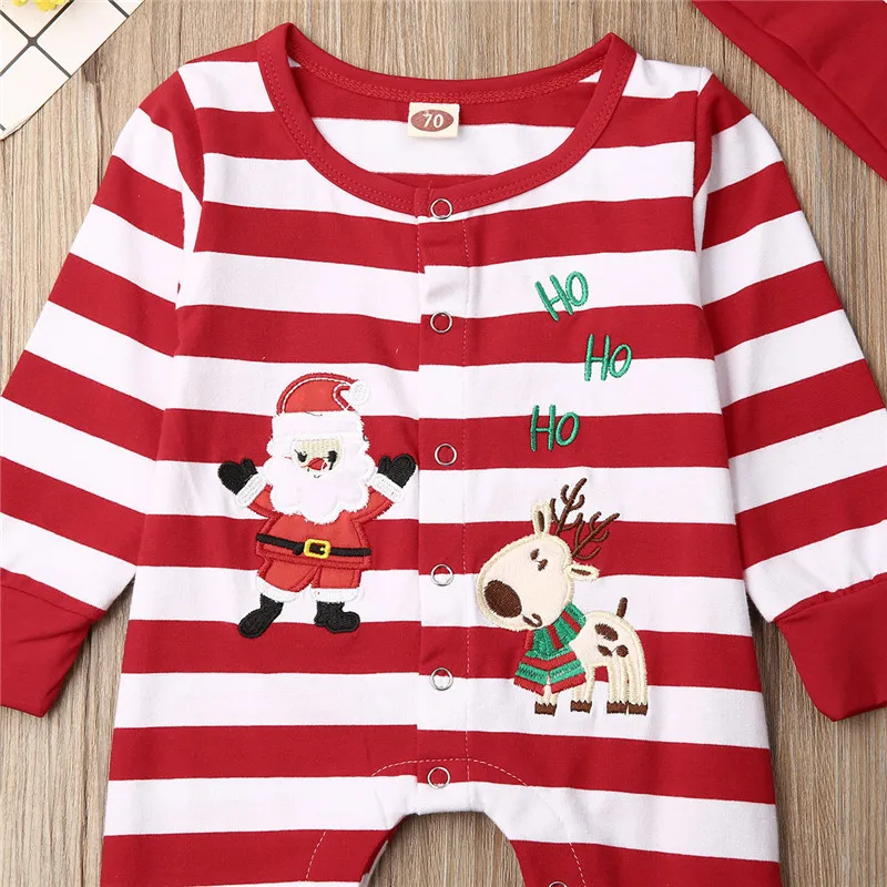 0-18M Christmas Newborn Baby Boy Girl Clothes New Year Long Sleeve Striped Romper+Hat Xmas Cartoon Pattern Long Romper Outfits