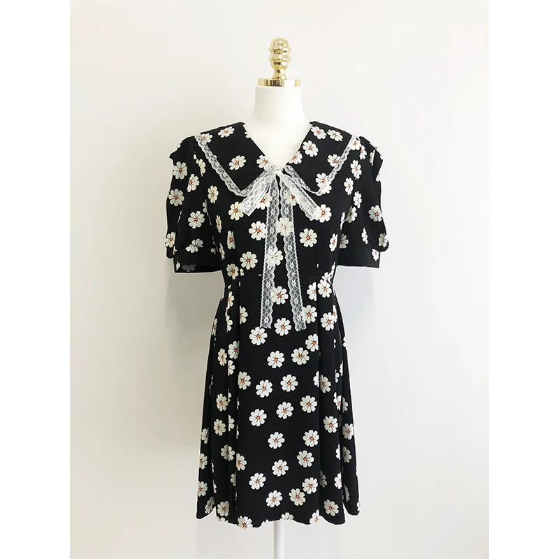 Neploe Daisy Print Dress Women Elegant Peter Pan Collar Puff Sleeve Vestidos Summer 2020 Fashion Slim Waist Female Dresses 1C872