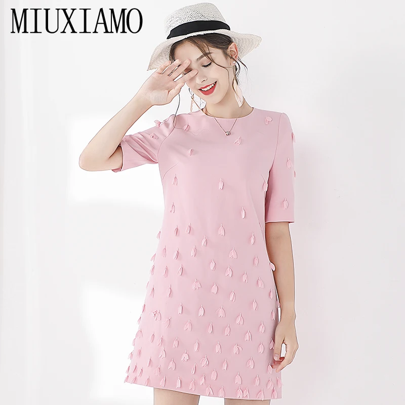 

MIUXIMAO TOP QUALITY 2019 New Fashion Runway Fall Dress Women's Retro Half Sleeve Appliques Flower Pink Vintage Dress Vestidos