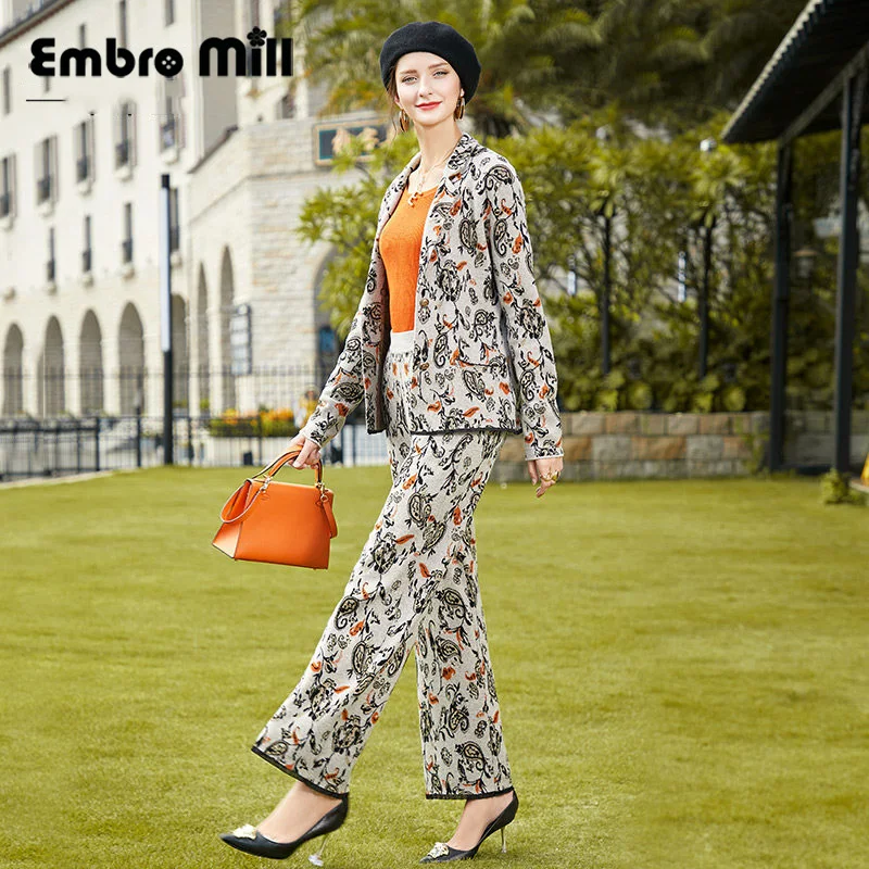 

High-End Vintage Style Knitted Flower Two-Piece Suit Women's Autumn Knit Sweater Coat + High Waist Knitted Wide-Leg Pants S-XL