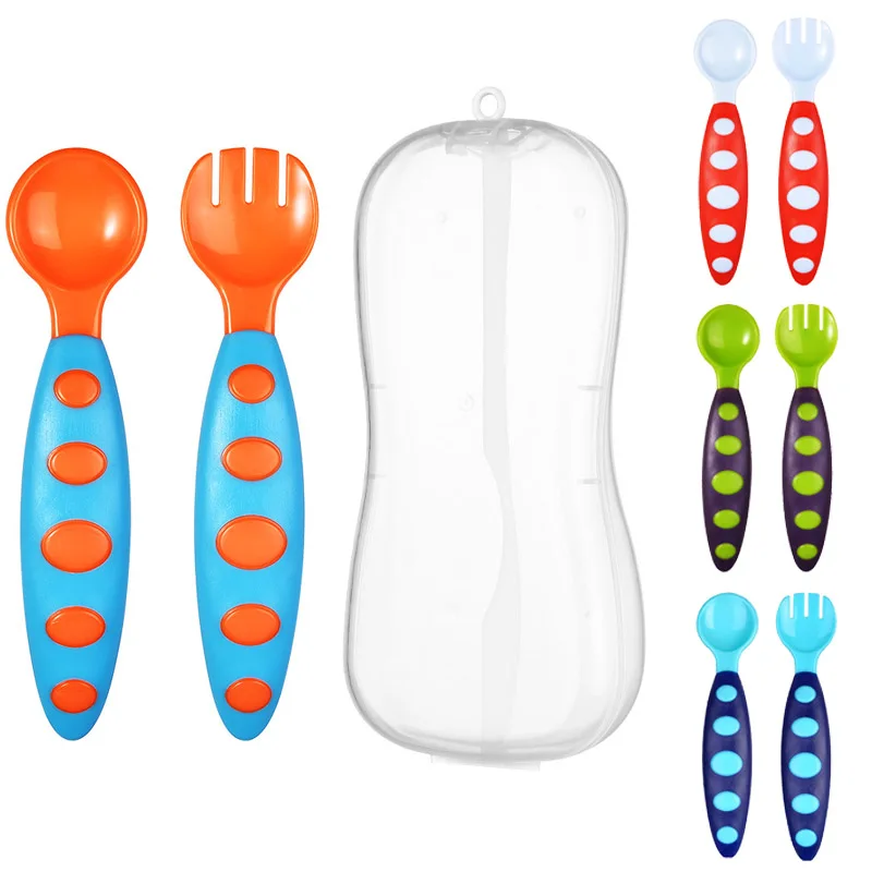 

2Pcs/Box Cartoon Baby Spoon Fork Set Portable Lightweight PP Dinnerware Infant Tableware Bright Color Utensil With Storage Box