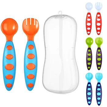

2Pcs/Box Cartoon Baby Spoon Fork Set Portable Lightweight PP Dinnerware Infant Tableware Bright Color Utensil With Storage Box