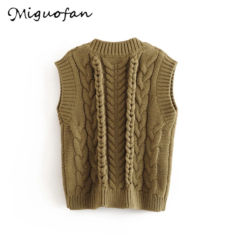 MiguoFan Winter Knitted Vest Sweater fashion Boho Hemp flowers Women Sleeveless Casual Khaki Solid Color V-neck female Waistcoat
