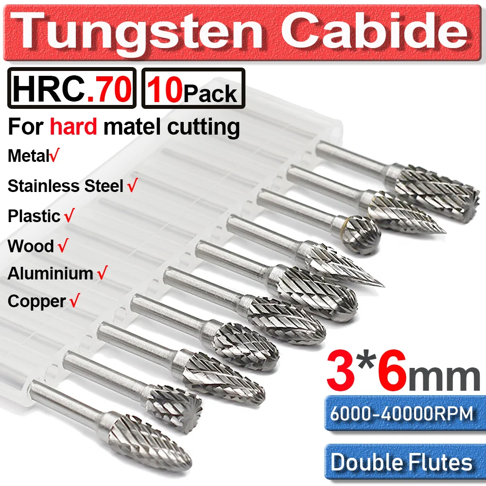 10pcs Tungsten Carbide Rotary Burr Set Double Cut 1/8'' Shank Die Grinder Bit 