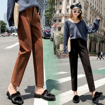 

2020 Autumn New Women Elastic Woolen Pant Female Plus Size Casual Trousers Black/gray Harem Pants Winter Wool Ankle-length Pants