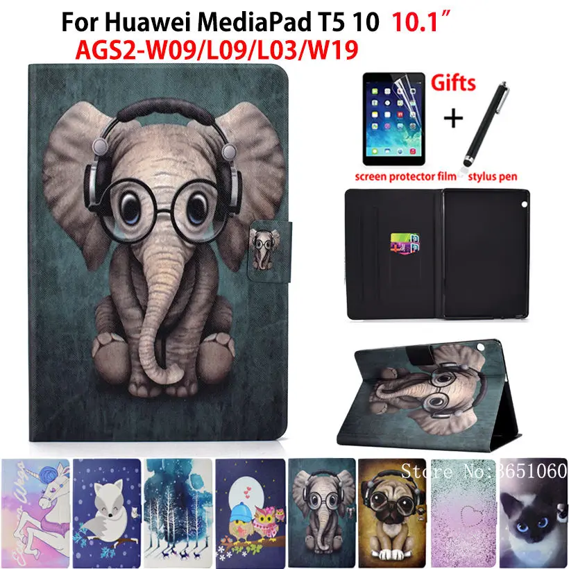 Case For Huawei MediaPad T5 10 AGS2-W09/L09/L03/W19 10.1&quot Cover Funda Fashion Animal Silicone PU Leather Stand Skin +Film+Pen |