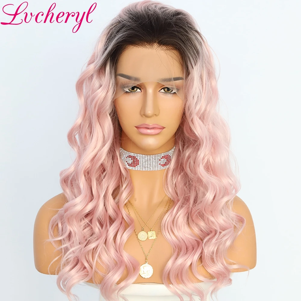 Lvcheryl 13X3 ручная вязка натуральные волнистые корни Омбре розовый цвет волосы парики синтетические волосы на фронте парики для женщин Повседневная одежда