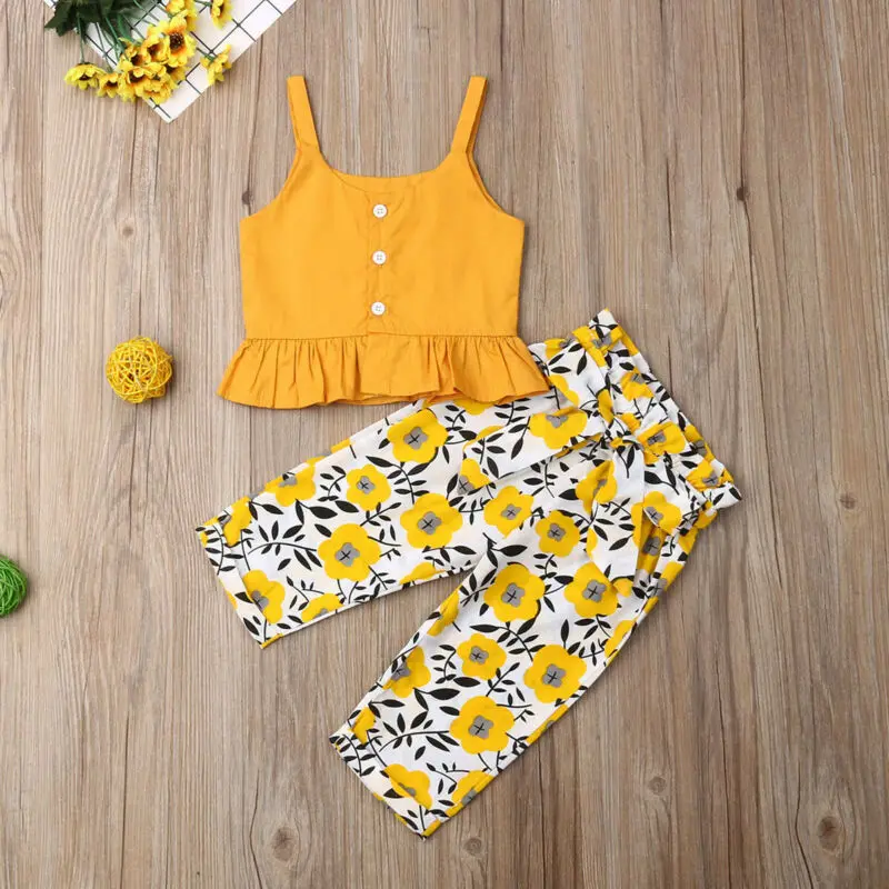 

Flower Pirnt baby girl clothes 2019 Newborn Girl Sling Crop Top Sassy Dasiy Long Pants Summer Outfit