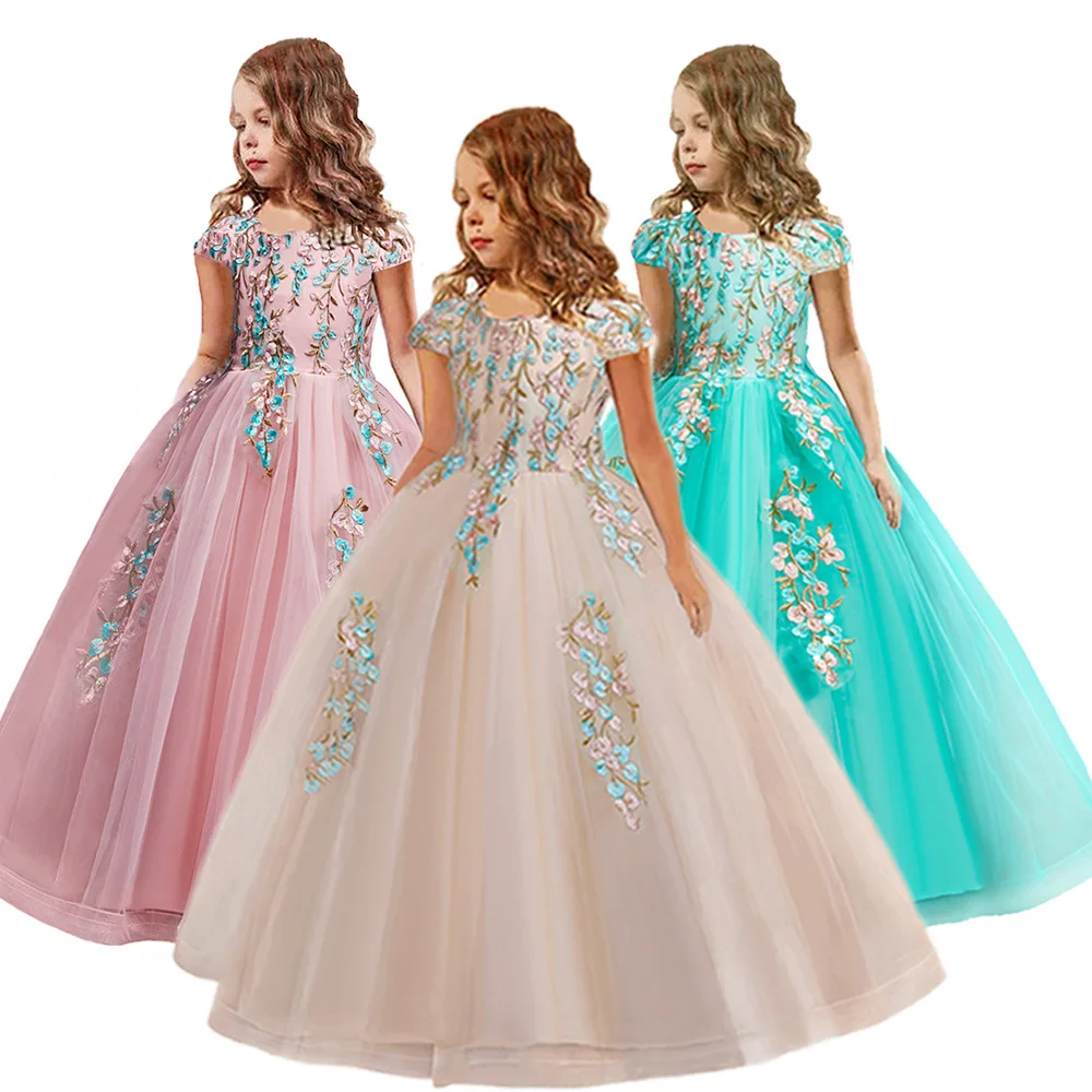 

Girls Sleeveless Wedding Dress Elegant Flower Embroidery Party Tulle Princess Birthday Dress First Communion Gown for Girls