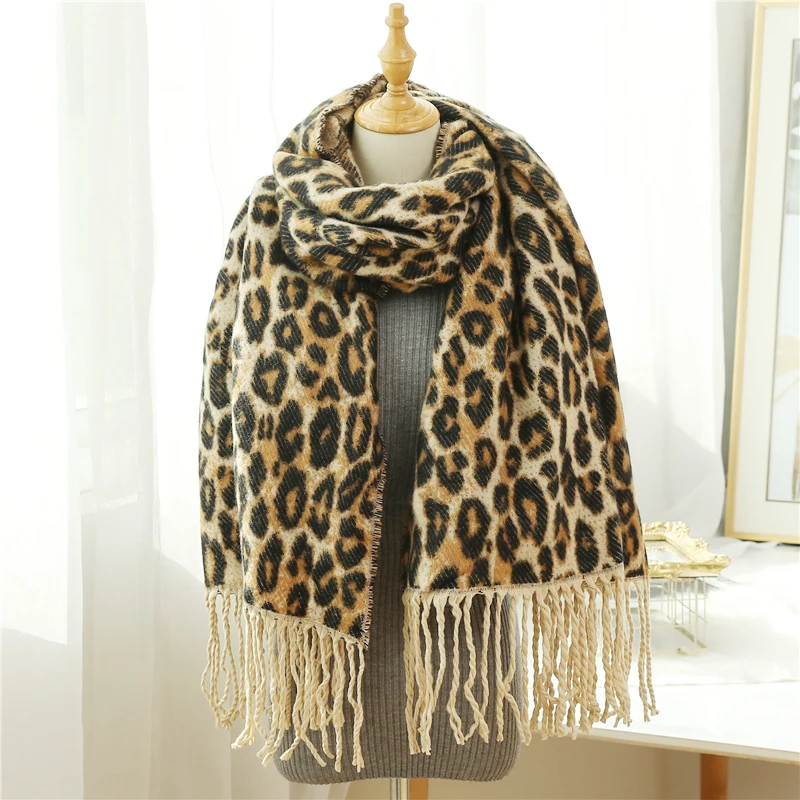 Роскошный Леопардовый шарф, женский зимний кашемировый плотный шарф из пашмины, теплые длинные шали, женские шарфы с кисточками
