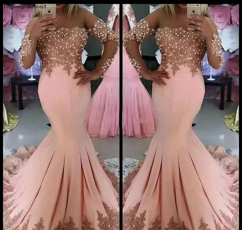 Дешевые розовый Prom Dress Mermaid с открытыми плечами одежда с длинным рукавом формальная праздничная одежда Выпускной Вечеринка плюс Размеры