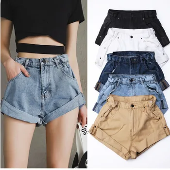 安い 女性のデニムショーツ女性の白人女性ショートジーンズカーキワイド脚伸縮性ウエストヴィンテージハイウエストショートパンツ女性夏