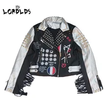 LORDLDS женская кожаная куртка с кисточками новая Байкерская мотоциклетная Черная куртка в стиле панк DJ на молнии с заклепками
