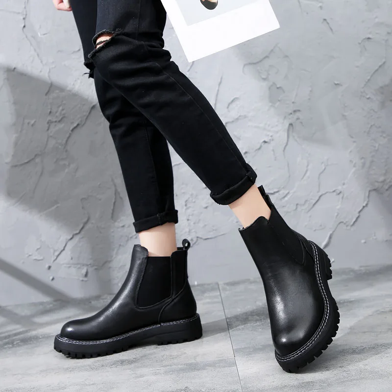 DRKANOL Women Boots Genuine Leather Round Toe Flats Slip On Ankle Boots For Women Winter Short Boots Platform Warm Casual Shoes