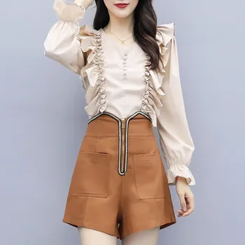 

2020 Women 2 Piece Set Spring fashion Ruffles patchwork V Neck Shirt Tops + High Waist Shorts Suit