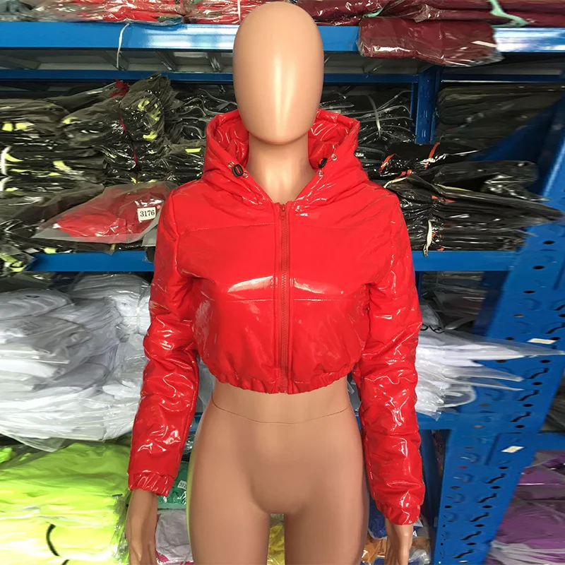 Women Fashion Thick Warm Bright PU Faux Leather Padded Jacket Down Coat Long Sleeve Hooded Short Parka Female Outerwear Chic Top
