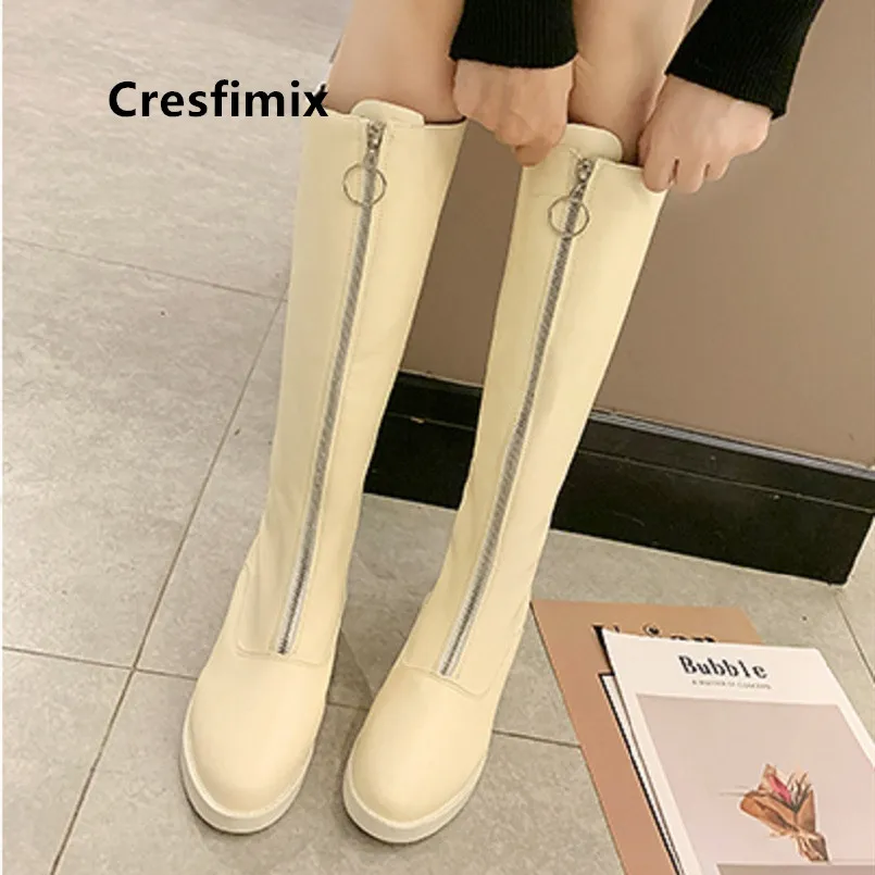 Cresfimix botas de mujer; женские модные черные сапоги до колена высокого качества; женские красивые черные сапоги из искусственной кожи на молнии спереди; a7045