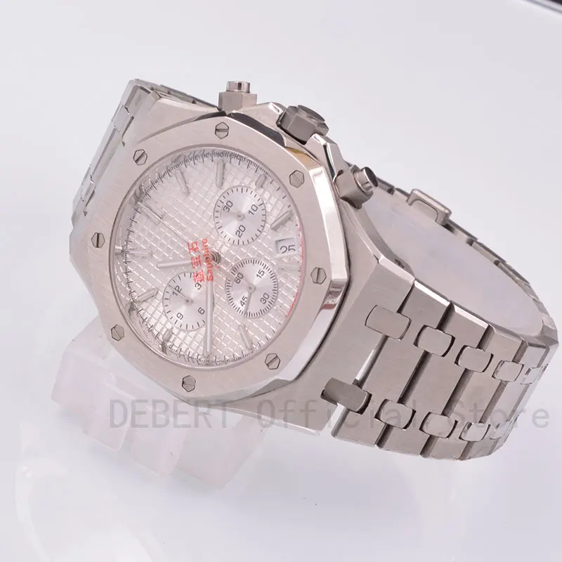 Debert42mm Watch men white sterile dial Stainless steel case timing multi-functional quartz wristwatches crrju мужские часы cad