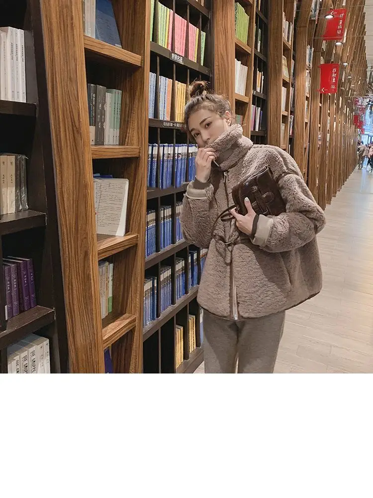 Новинка, Женское пальто из искусственной овечьей шерсти на весну и осень, женская Свободная Повседневная однотонная верхняя одежда, Женская куртка с отворотом и длинным рукавом, пальто L31