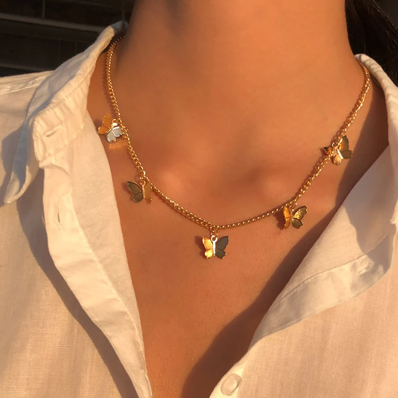 Cadena de oro con mariposas estilo bohemio, collares de declaración, colgante para playa, gargantilla barata, joyería de regalo